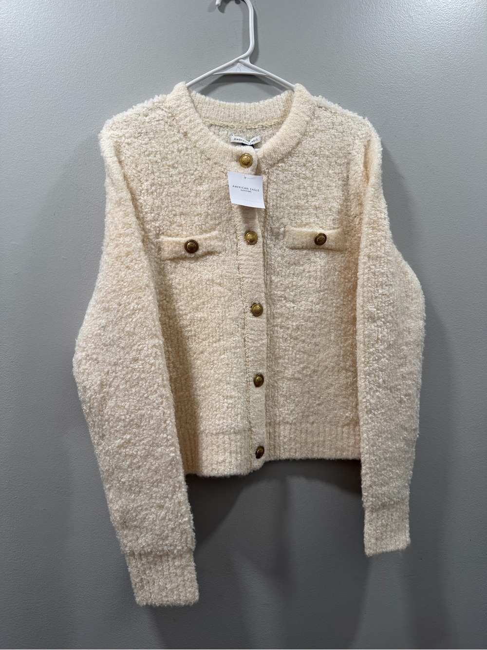 Preppy American eagle Bouclé Button Front Cardigan sweater Jacket Cream M new